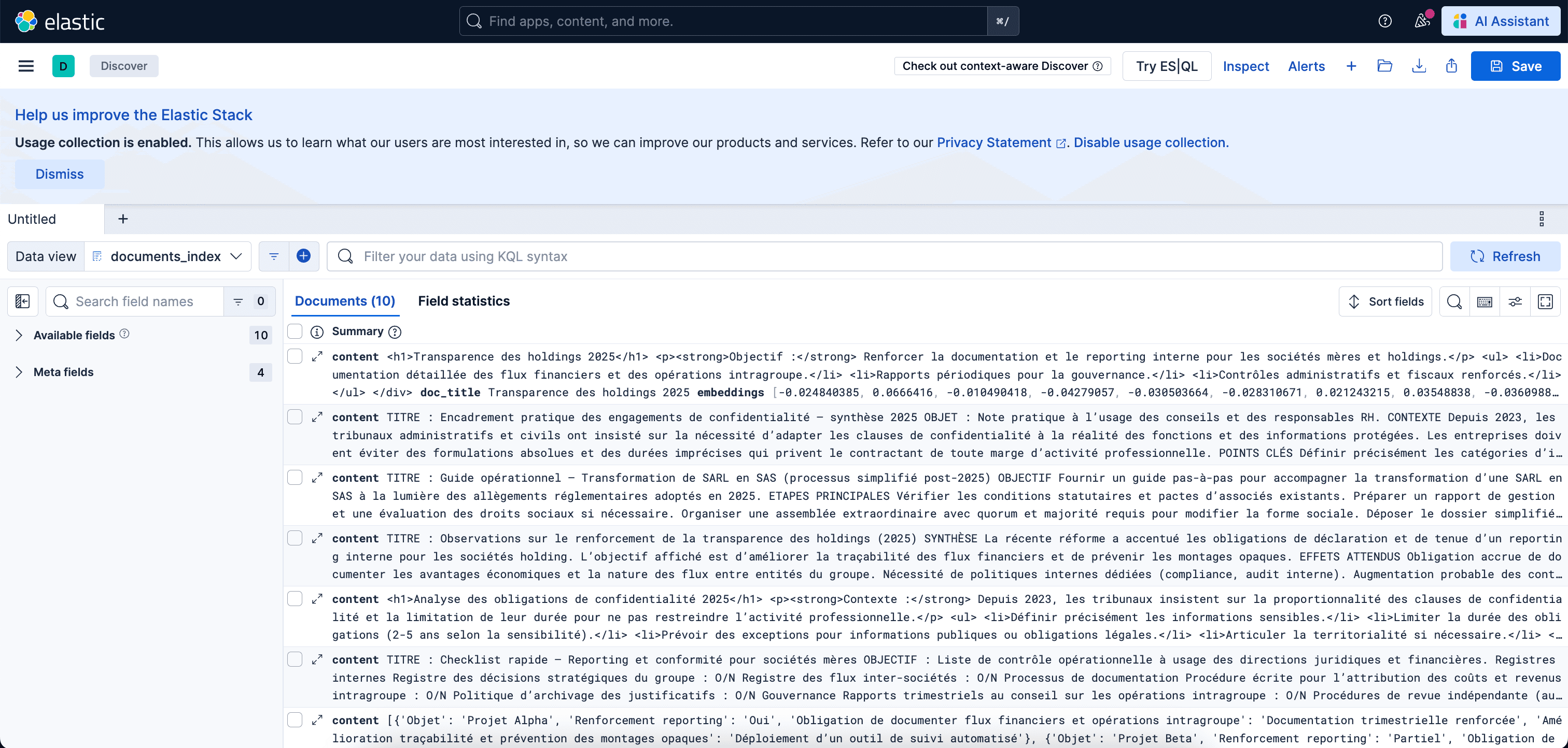 Dashboard Kibana - visualisation des traces du pipeline RAG