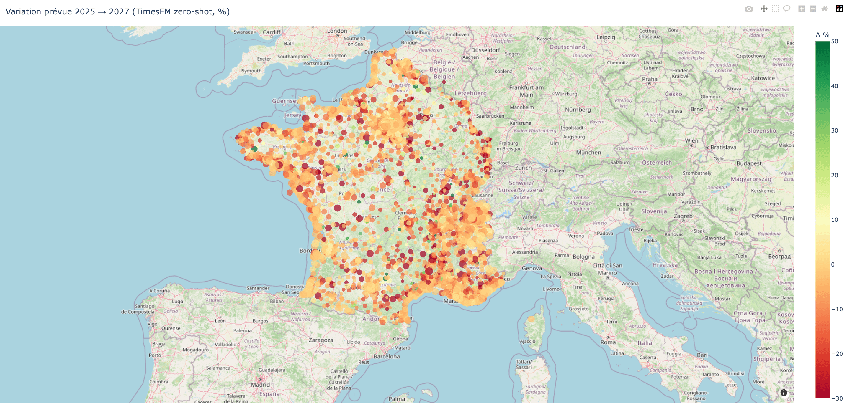 Variation prévue du prix au m² d'ici 2027 par commune